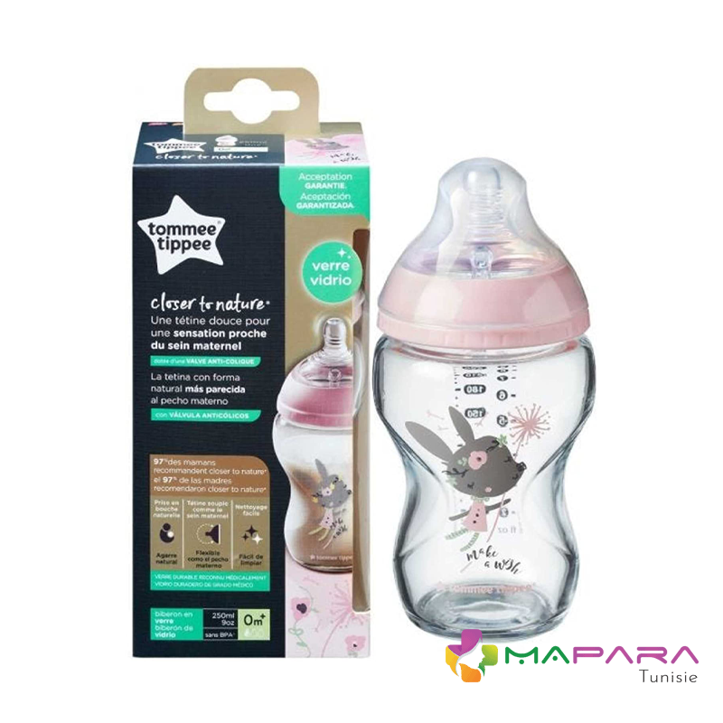 TOMMEE TIPPEE Colse To Nature Biberon En Verre 0M+ 250ml Lapin Rose - Kidy